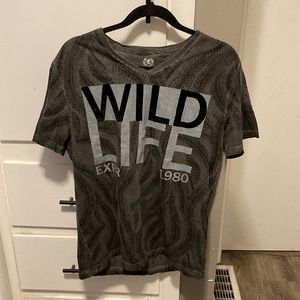 Express Men’s Size Large Grey/Black Graphic V-Neck T-Shirt.